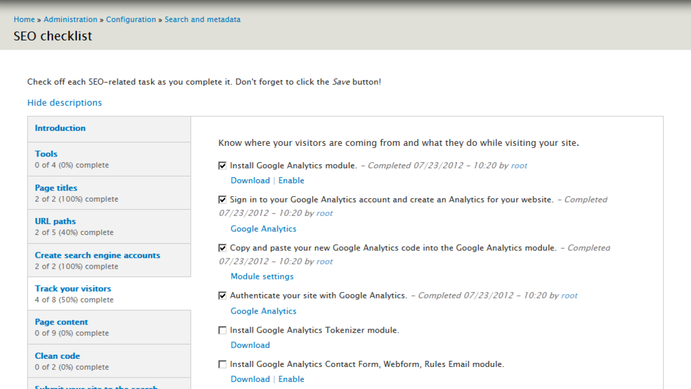 Use the module SEO checklist to ensure basic Search Engine Optimization (SEO)