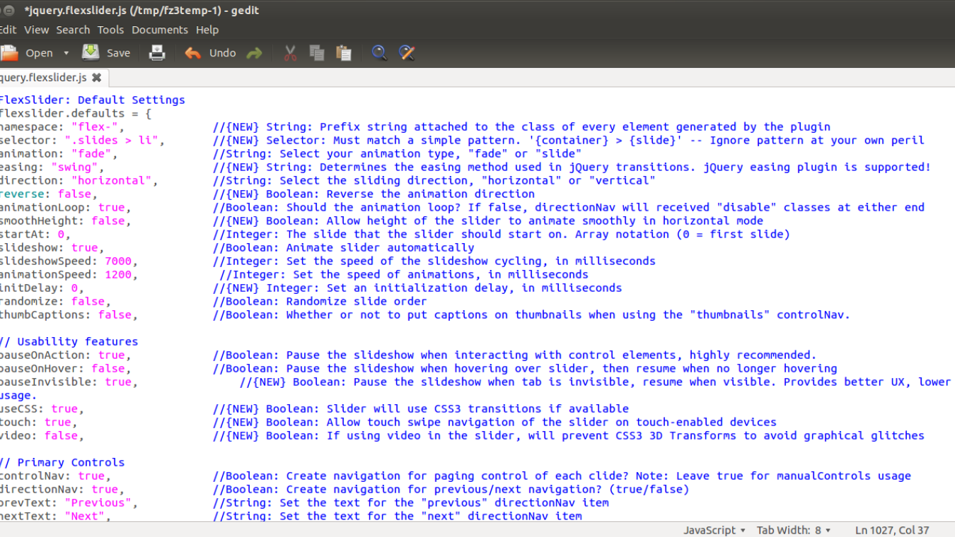 Howto change the (default) settings of the Drupal Felxslider (jquery.flexslider.js)